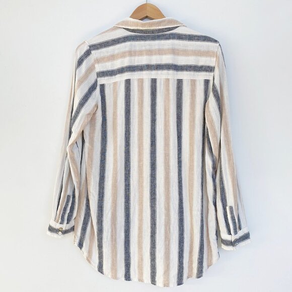 Tahari Linen Blend Button Up Long Tab Sleeve Tunic Shirt Size S - Picture 2 of 10